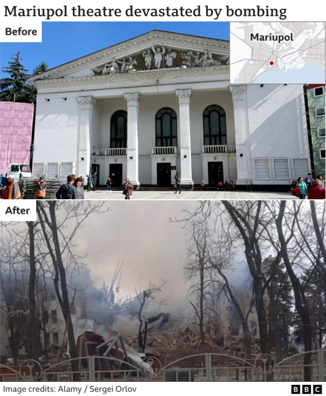 Image shows Mariupol theatre before and after the attack