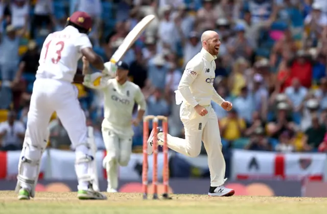 Jack Leach celebrates wicket