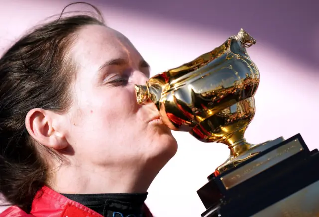 Rachael Blackmore kisses her Cheltenham Gold Cup trophy