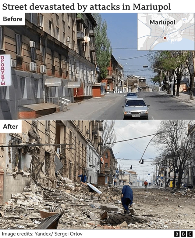 Before and after a Russian bomb struck a Mariupol street