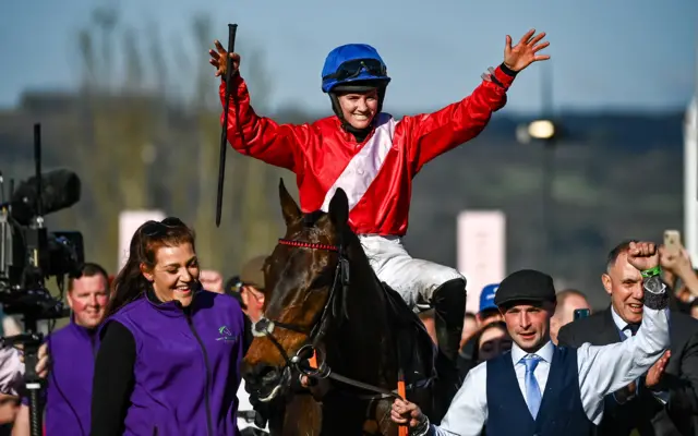 Rachael Blackmore celebrates winning the Cheltenham Gold Cup on A Plus Tard