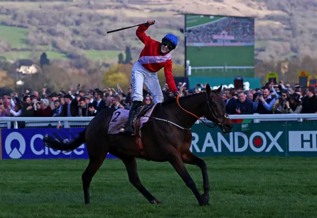 Rachael Blackmore celebrates winning the Cheltenham Gold Cup on A Plus Tard