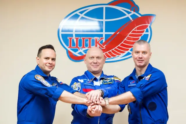 Russian cosmonauts Oleg Artemyev, Denis Matveev and Sergey Korsakov