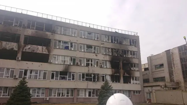 A view of a damaged building at the Zaporizhzhia Nuclear Power Plant compound in Enerhodar, 17 March 2022