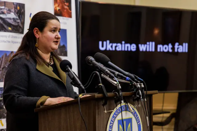 Ukraine's Ambassador to the US Oksana Markarova spoke to reporters on Saturday