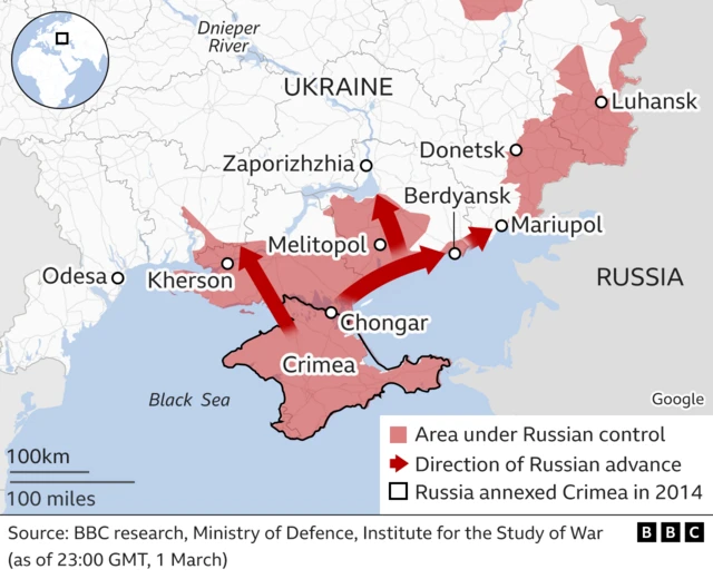 Map showing areas under Russian control in the south of Ukraine