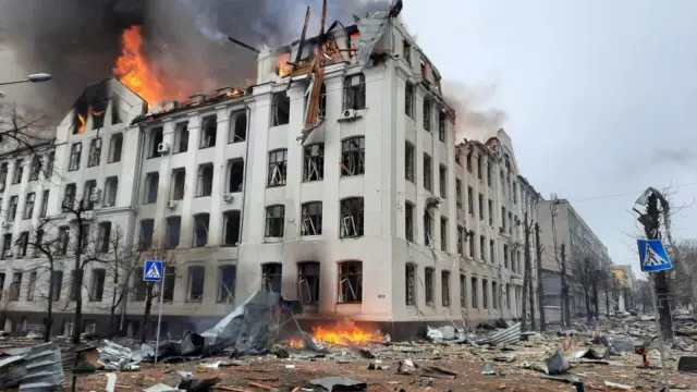 Building on fire in Kharkiv