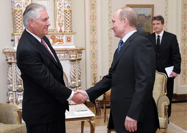 Former Exxon executive Rex Tillerson (pictured meeting Putin in 2012) went on to become US secretary of state