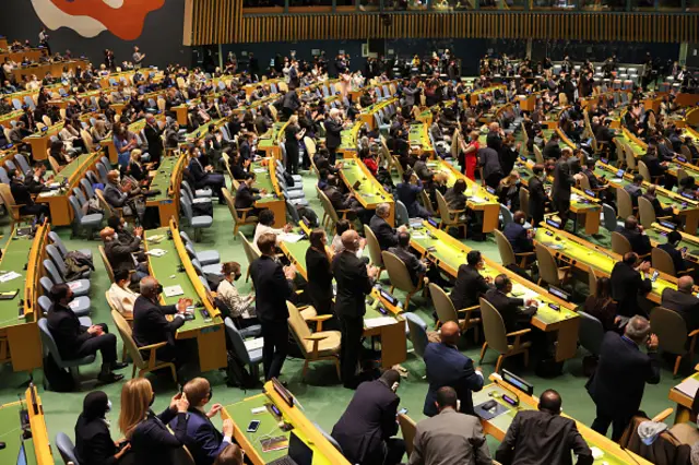 UN delegates applaud after the resolution was passed