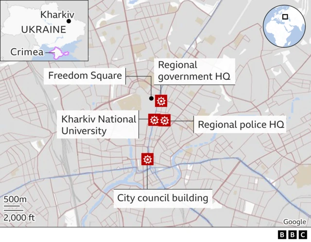 map showing main strikes on Kharkiv in the last 24 hours