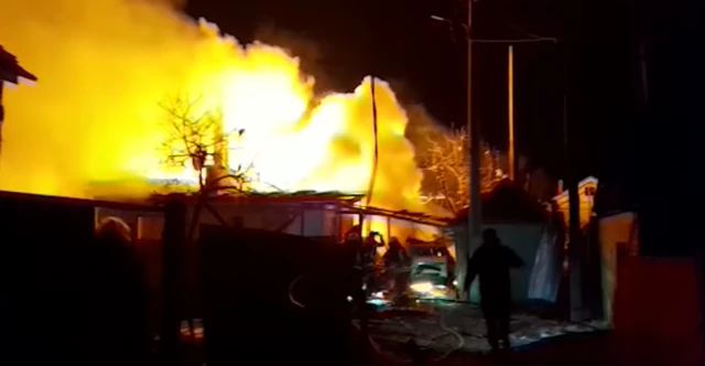 Houses on fire after a Russian missile strike in the city of Zhytomyr