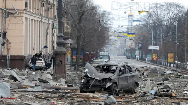 A view shows the damaged regional administration building in Kharkiv