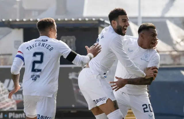 Rangers' James Tavernier, Connor Goldson and Alfredo Morelos celebrate