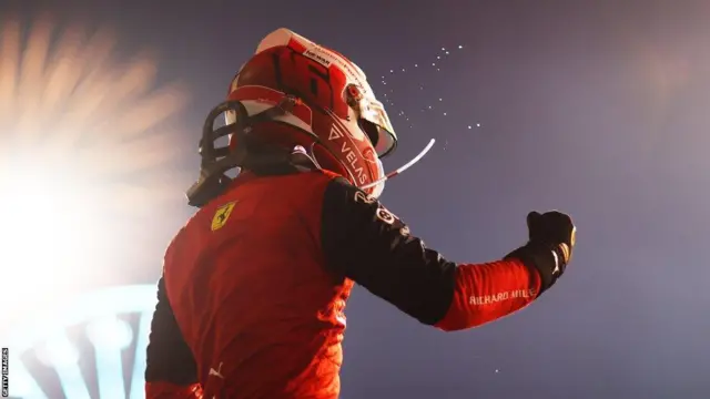 Charles Leclerc celebrates victory for Ferrari