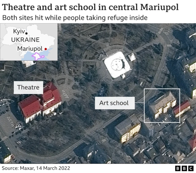 Map showing theatre and art school in Mariupol