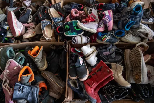 Shoes at humanitarian aid point in Lviv, Ukraine