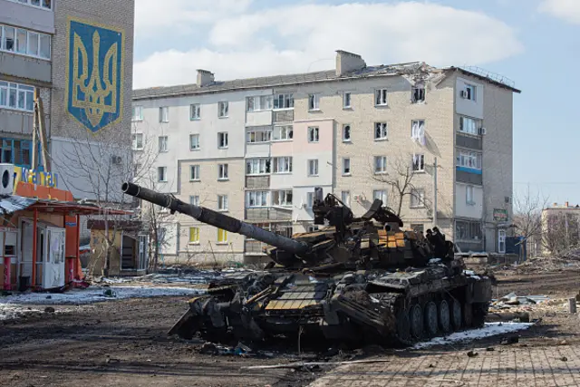 A destroyed tank in the Donetsk Oblast of Ukraine