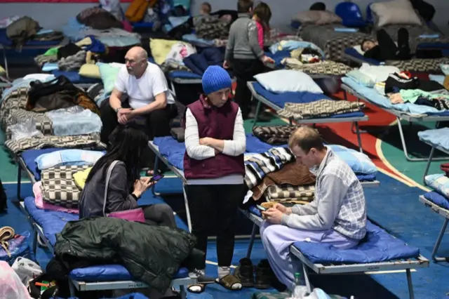 Ukrainian refugees in Taganrog sports hall, 17 Mar 22