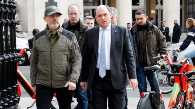 British Defence Secretary Ben Wallace and Ukrainian Defence Minister Oleksii Reznikov walk from the Ministry of Defence after holding a news conference in London, UK, on 21 March 2022