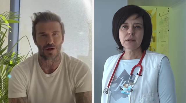 On a split screen, David Beckham is pictured left, Dr Iryna is pictured right