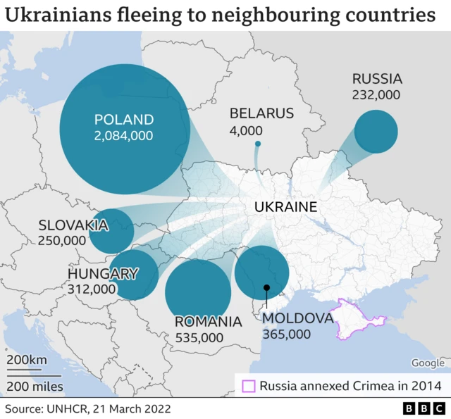 A map showing refugee numbers fleeing Ukraine