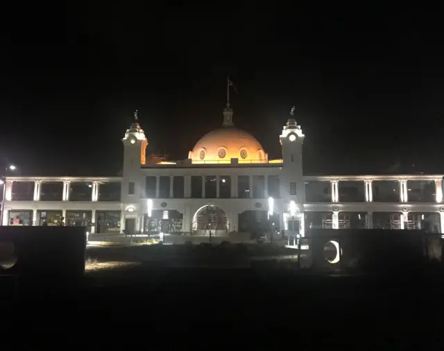 Dome of Spanish City illuminated orange