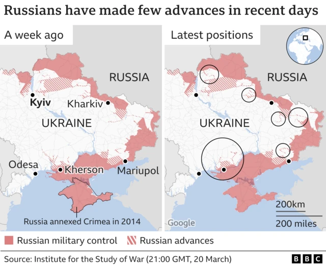 A map showing comparisons of Russian advances in Ukraine