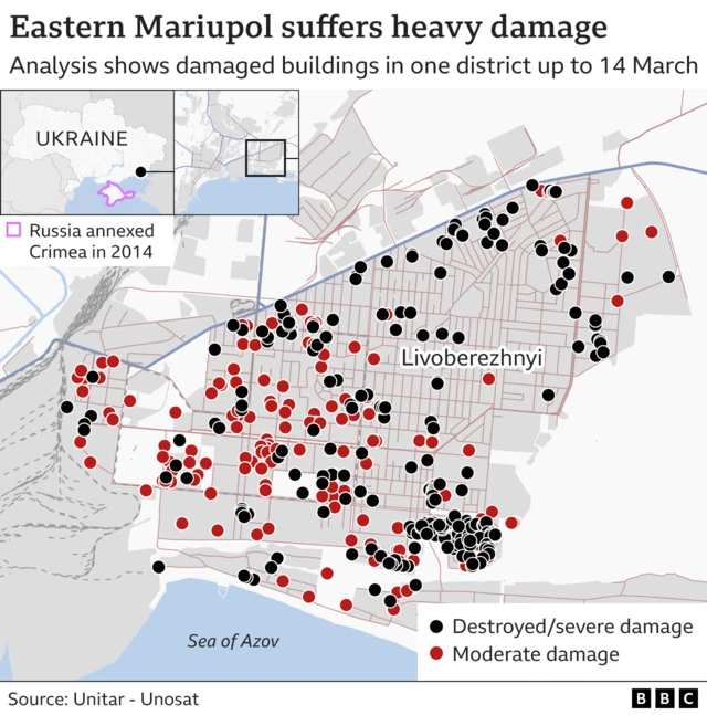 A map of a Mariupol district showing where the bombings are