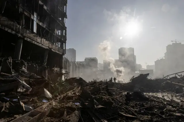 Aftermath of a bombing that destroyed a shopping centre in Kyiv