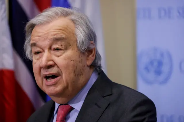 United Nations Secretary-General Antonio Guterres speaks to the media regarding Russia"s invasion of Ukraine, at the United Nations Headquarters (March 14, 2022)