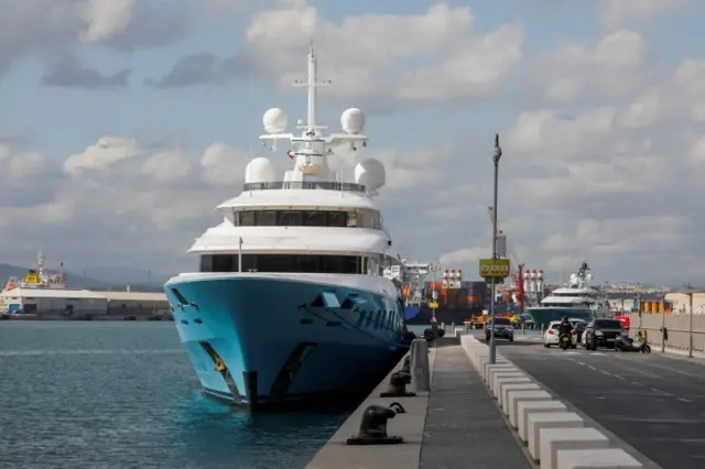 The Axioma superyacht belonging to Russian oligarch Dmitry Pumpyansky who is on the EU"s list of sanctioned Russians is seen docked at a port in Gibraltar, March 21, 2022.