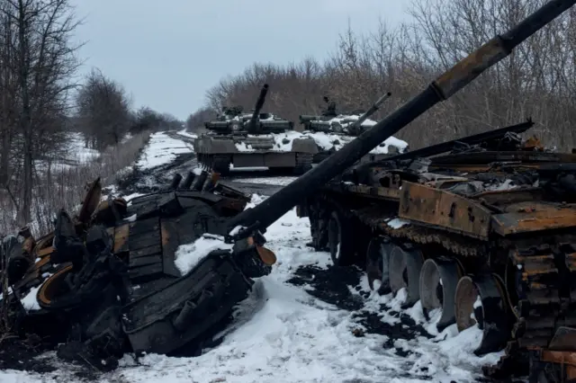 Charred and captured Russian tanks in the Sumy region