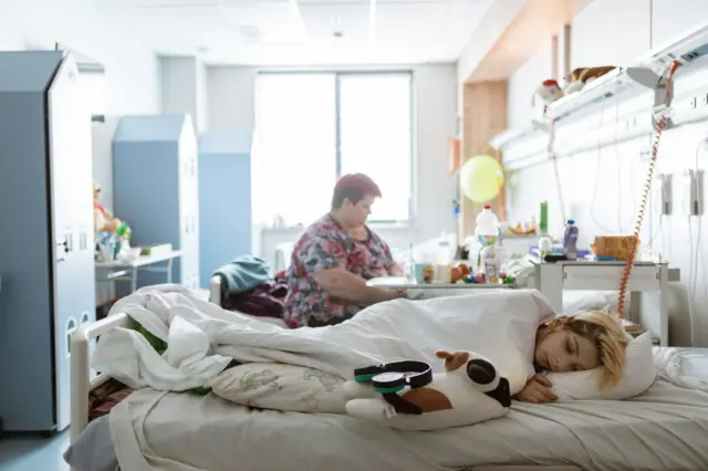 A wounded child at a Kyiv hospital