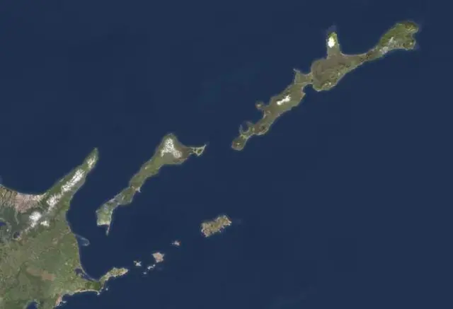 A satellite photo shows the disputed Kuril islands (Hokkaido is bottom left)