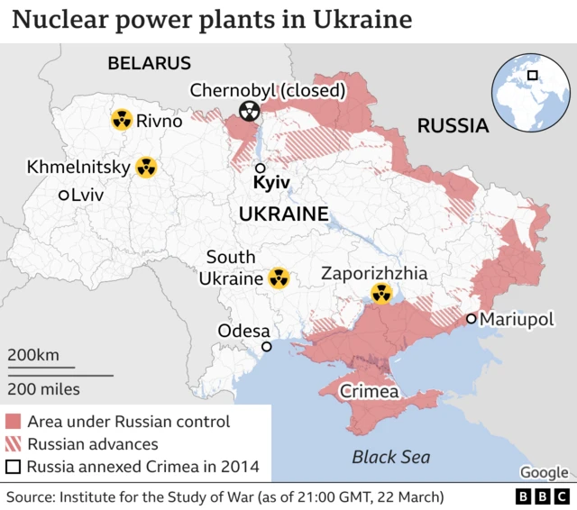 Graphic shows the locations of nuclear power plants in Ukraine