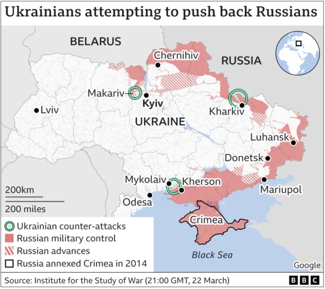 Map shows areas of Ukraine where Ukrainian forces are attempting to push back Russian troops