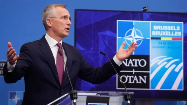 ens Stoltenberg speaks during a press conference previewing an extraordinary NATO Summit at the Alliance headquarters in Brussels, Belgium, 23 March 2022.