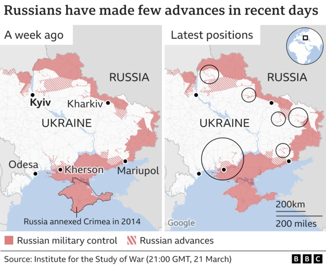 Map shows advances made by Russian troops in Ukraine in recent days