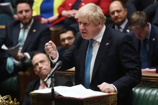 British Prime Minister Boris Johnson speaks during a Prime Minister"s Questions session at the House of Commons