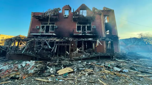 A view of a residential building destroyed by a Russian shelling attack. As Russia intensified offensive bombardment and airstrikes while encircling the Makariv city of Ukraine