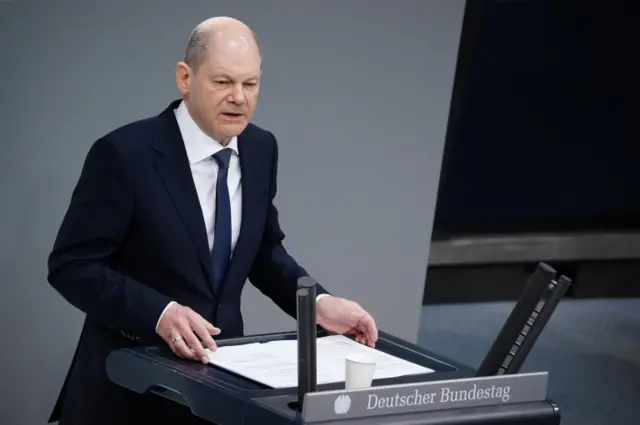 German Chancellor Olaf Scholz delivers a speech during a session of the German Parliament (Bundestag) in Berlin, Germany, 23 March 2022