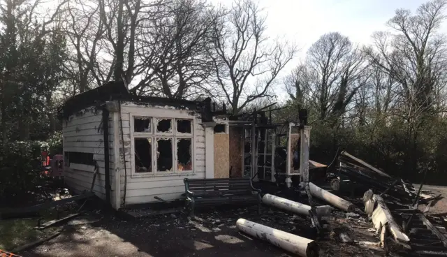 The destroyed bowling pavillion in Saltwell Park