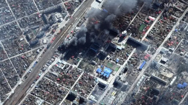 A satellite image shows strikes in the town of Irpin outside Kyiv as Russian shelling strikes residential areas