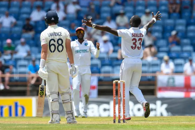 Jayden Seales celebrates wicket