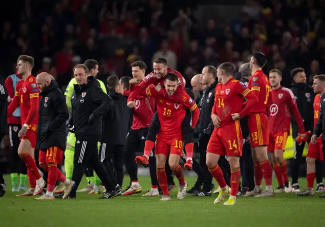 Wales celebrate finishing second in World Cup qualifying group