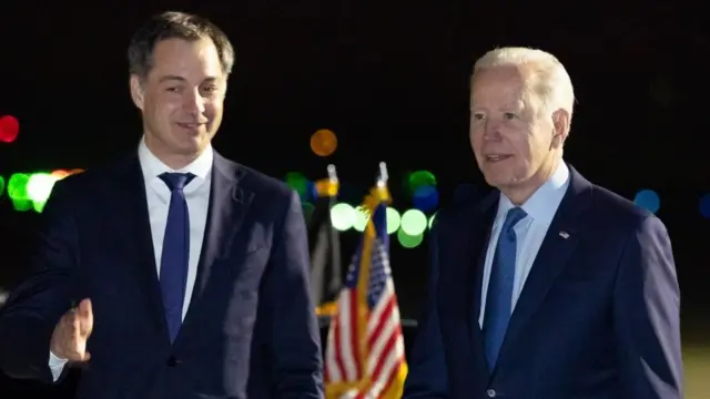 US President Joe Biden and Prime Minister Alexander De Croo pictured at the arrival at the military airport in Melsbroek, Steenokkerzeel, Wednesday 23 March 2022.