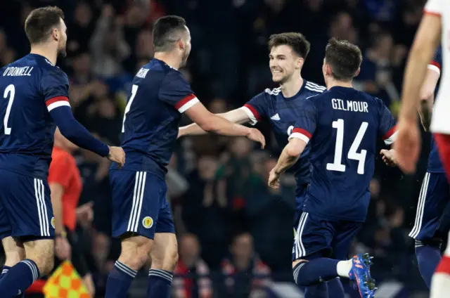 Kieran Tierney celebrates his first goal for Scotland