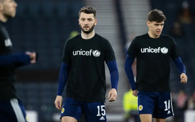 Craig Halkett and Aaron Hickey warm-up at Hampden