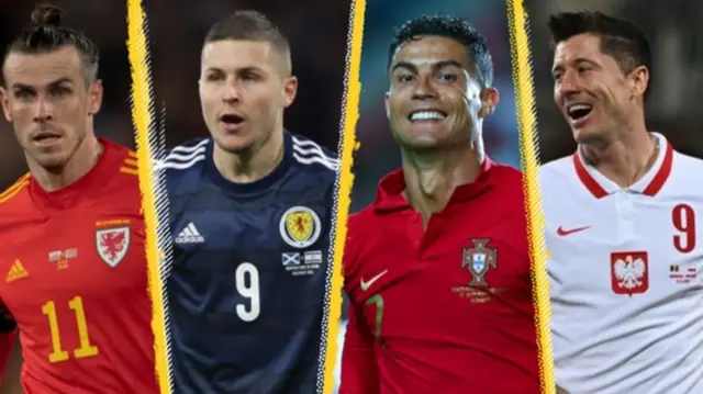 Composite picture, From left - Gareth Bale (Wales), Lyndon Dykes (Scotland), Cristiano Ronaldo (Portugal) and Robert Lewandowski (Poland)