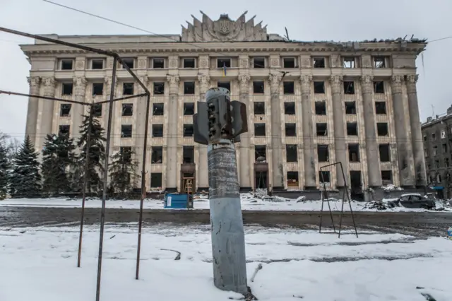 An unexploded Grad rocket in Kharkiv